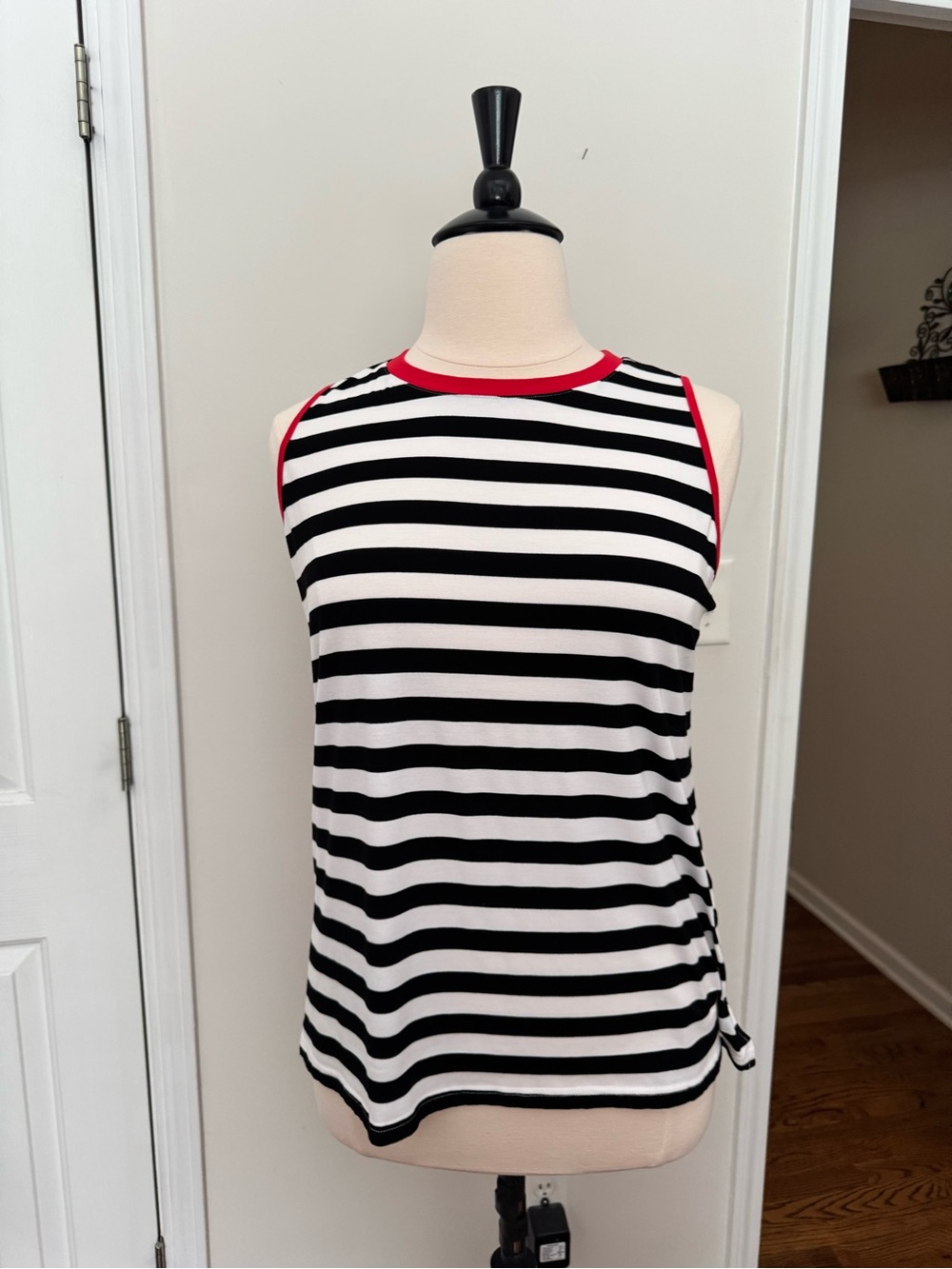 Black & White Striped Sleeveless Tank with Red Trim